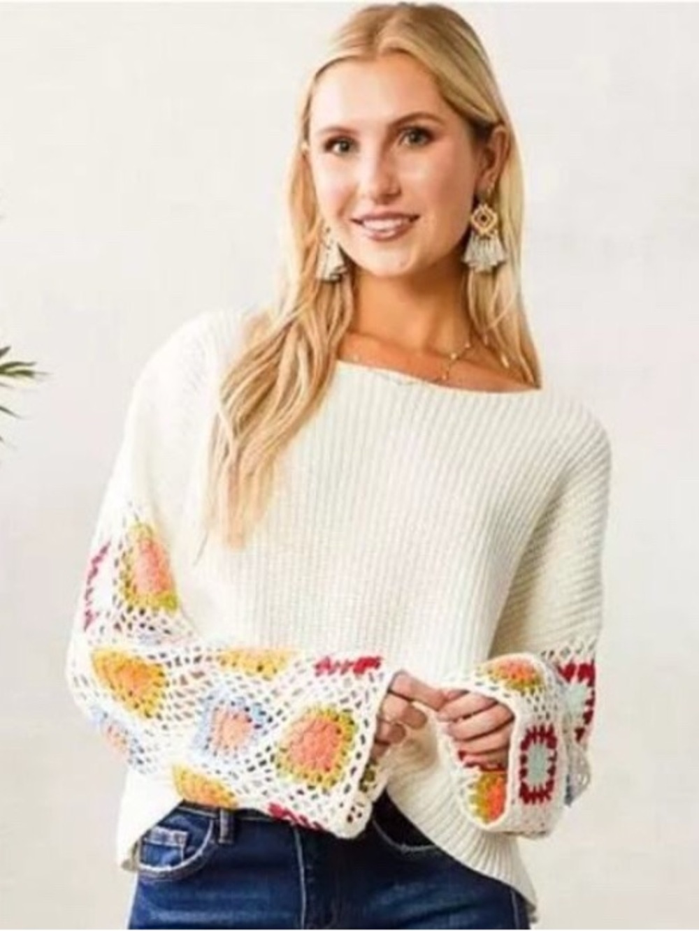 Baevely Crochet Flower Knit Panel Sleeve sweater
